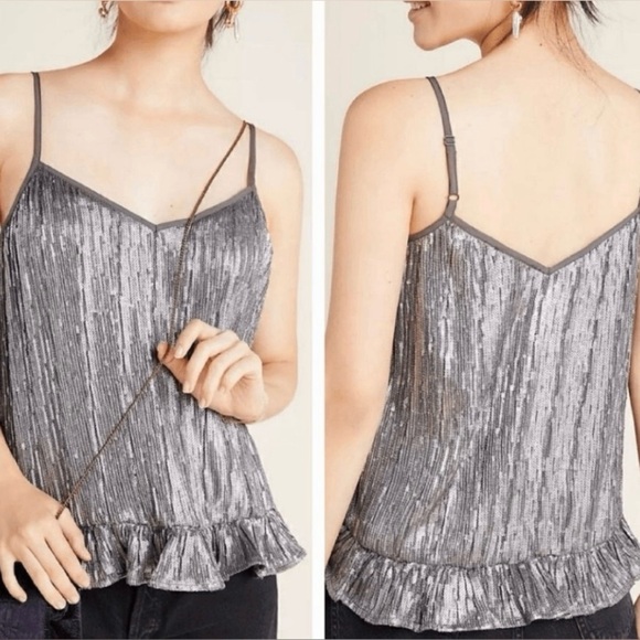 Anthropologie ‘Amelie’ Gunmetal Sequin Ruffle Cami, NWT - Picture 1 of 9